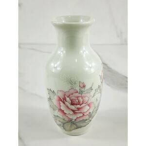 Russ Small Bud Vase Floral Design 5 1/2" Porcelain Pink Peonies Japan 80s Vtg